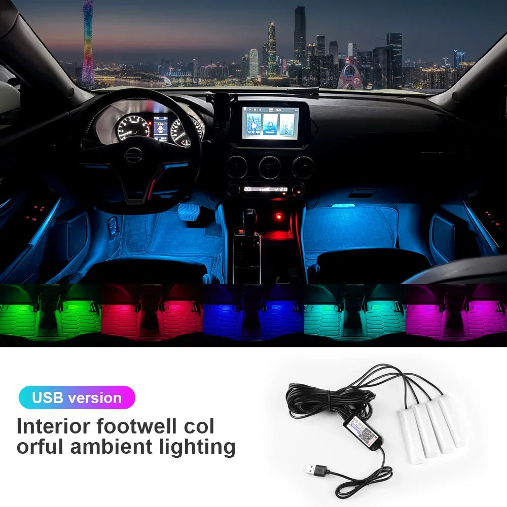 RGB LED Car Interior Ambient Light Strip – 16 Colors, Music Sync, IP65, 12V, USB/Cigarette