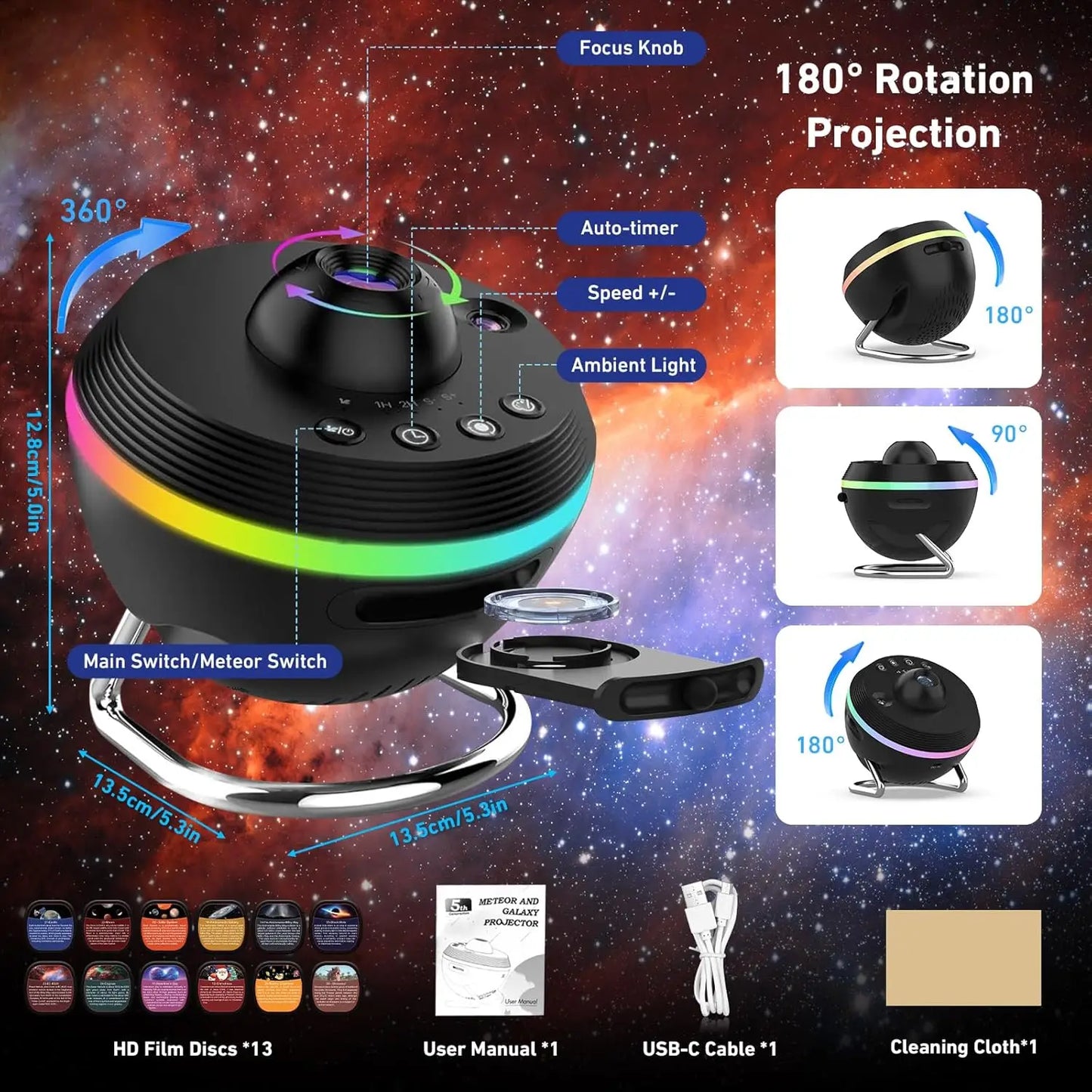 Galaxy Projector 13-in-1 HD Planetarium – Shooting Stars, Timer, 360°, 230 sq ft
