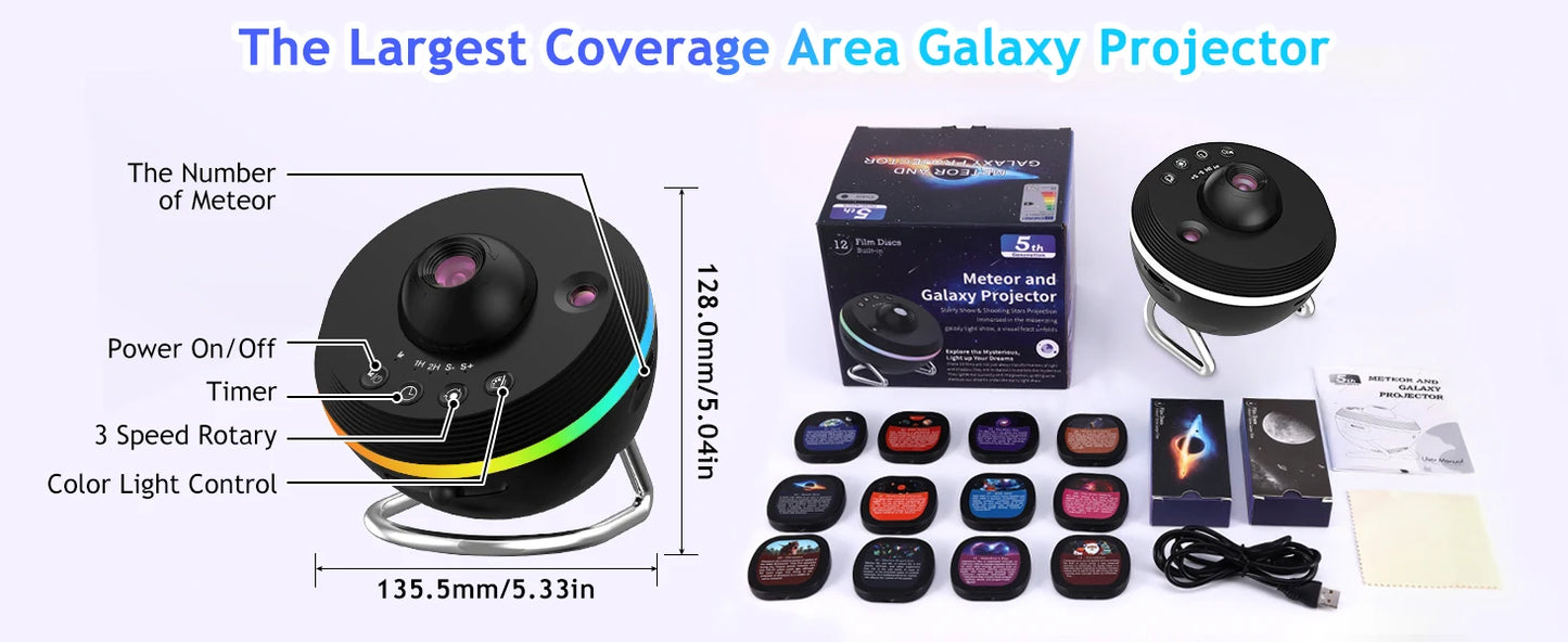 Galaxy Projector 13-in-1 HD Planetarium – Shooting Stars, Timer, 360°, 230 sq ft