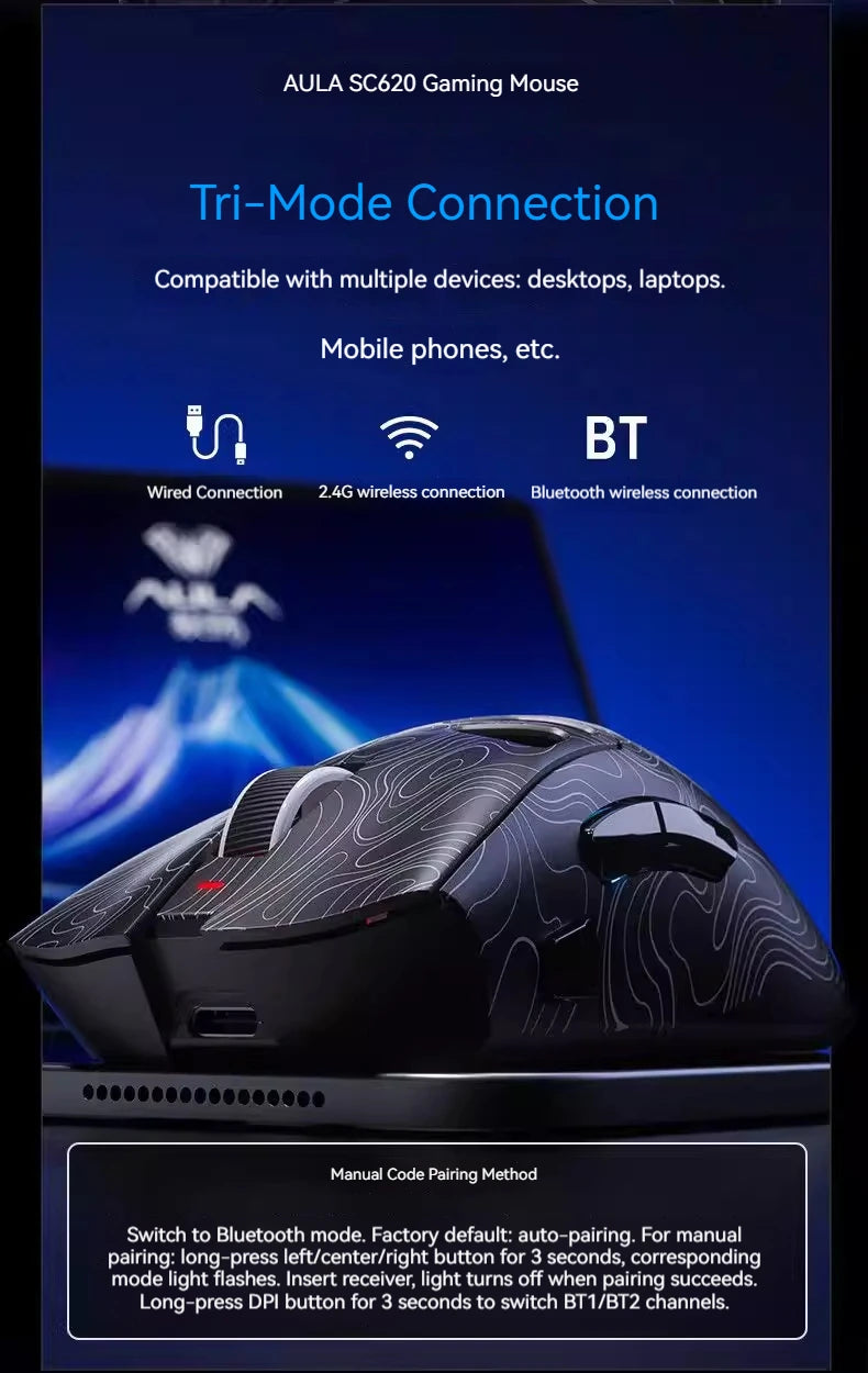 AULA SC620 Wireless Gaming Mouse – PAW3311, Tri-Mode, 12800 DPI, Hollow Design