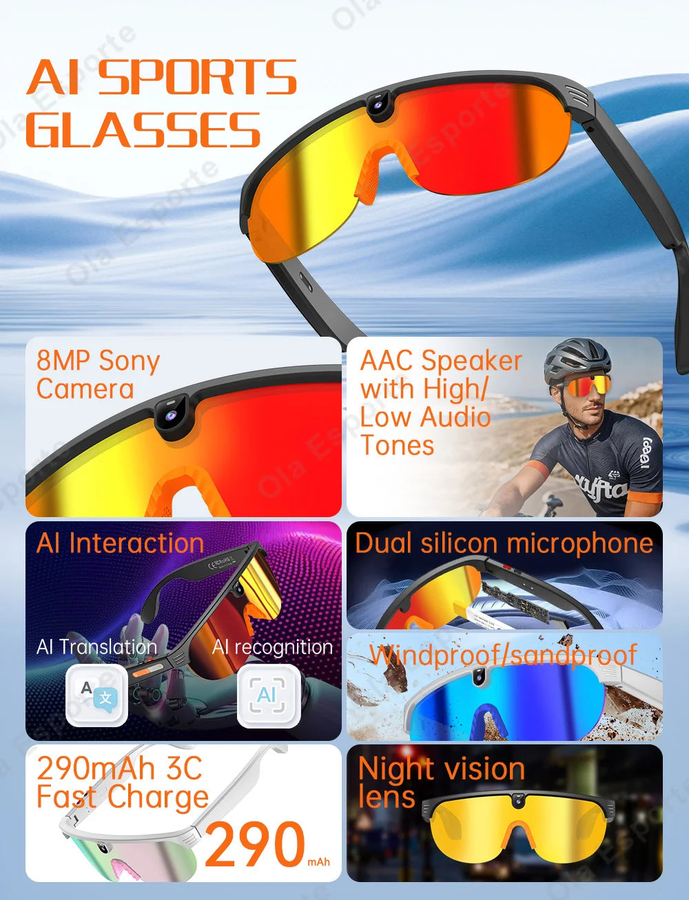 Ola Esporte AI Smart Cycling Glasses – 800MP Sony Camera, 1200P Video & Real-Time Translation