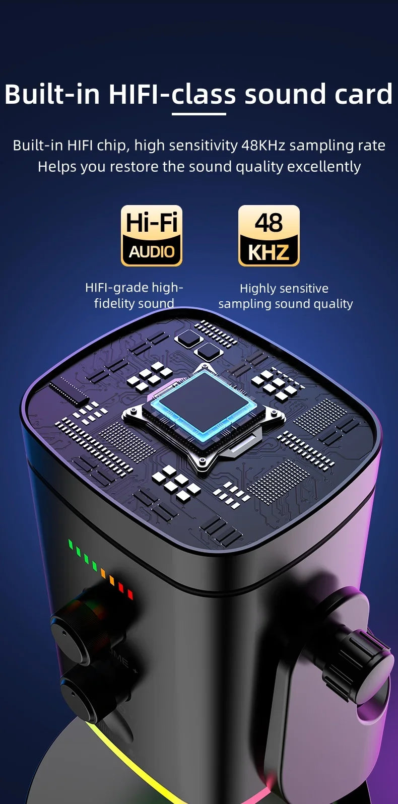 RGB Gaming Microphone – USB-C & XLR, Noise Cancellation, Reverb, 3.5mm Monitor