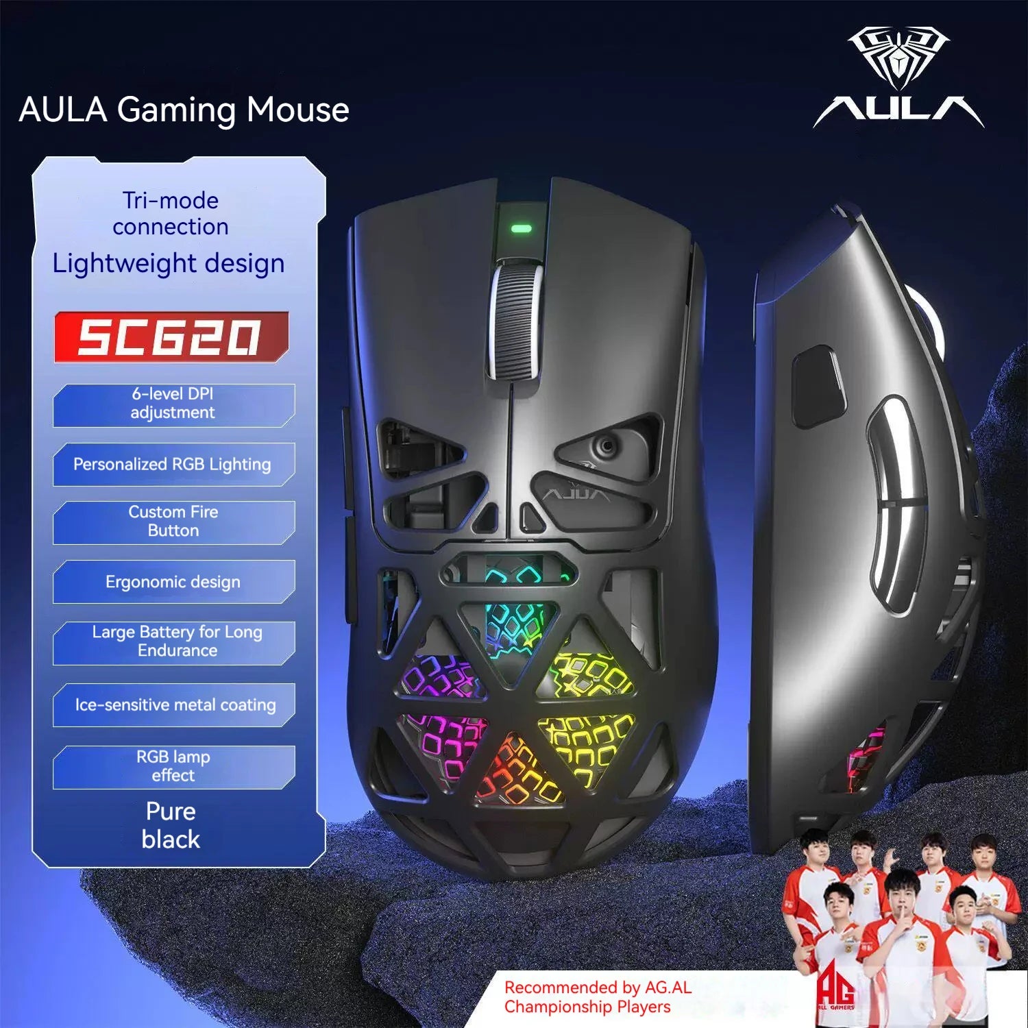 AULA SC620 Wireless Gaming Mouse – PAW3311, Tri-Mode, 12800 DPI, Hollow Design