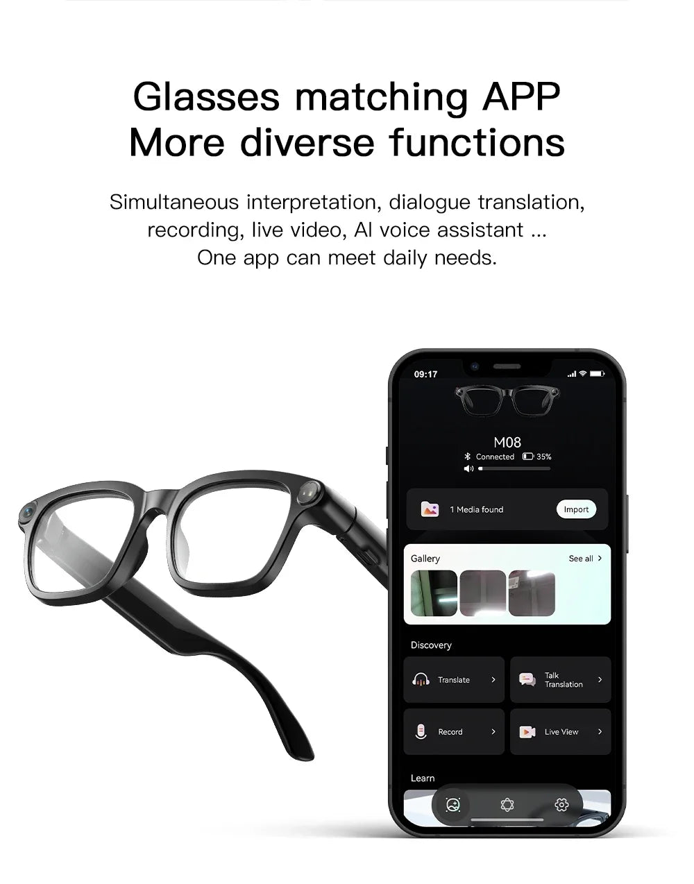 AI Smart Glasses M08 – HD Camera, Translation & Voice Assistant