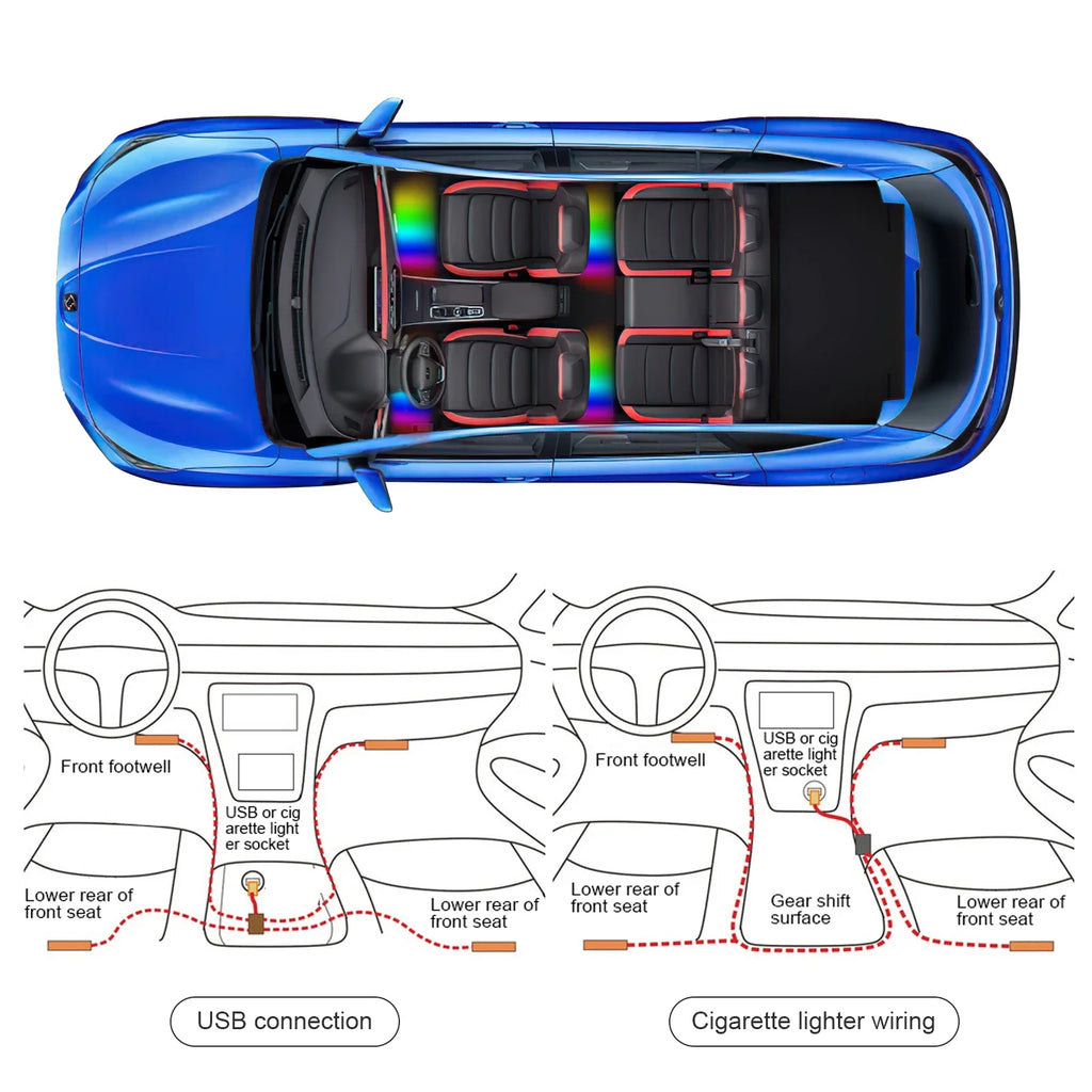 RGB LED Car Interior Ambient Light Strip – 16 Colors, Music Sync, IP65, 12V, USB/Cigarette
