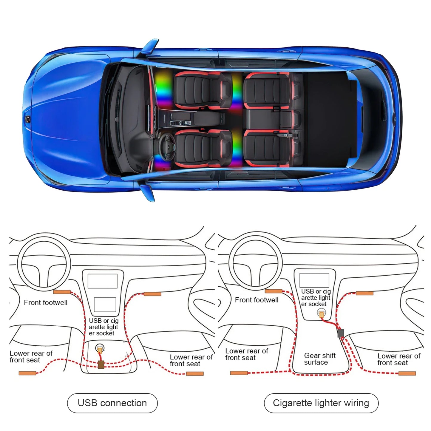 RGB LED Car Interior Ambient Light Strip – 16 Colors, Music Sync, IP65, 12V, USB/Cigarette