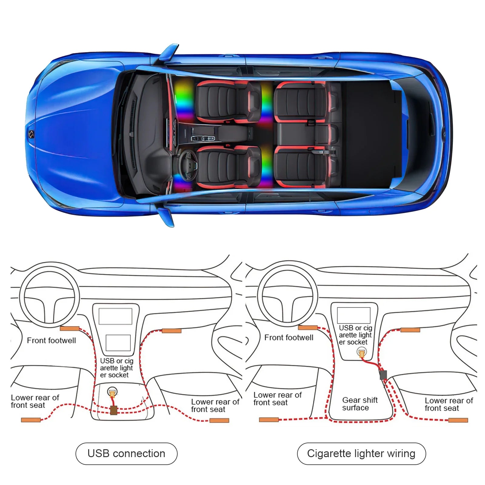 RGB LED Car Interior Ambient Light Strip – 16 Colors, Music Sync, IP65, 12V, USB/Cigarette