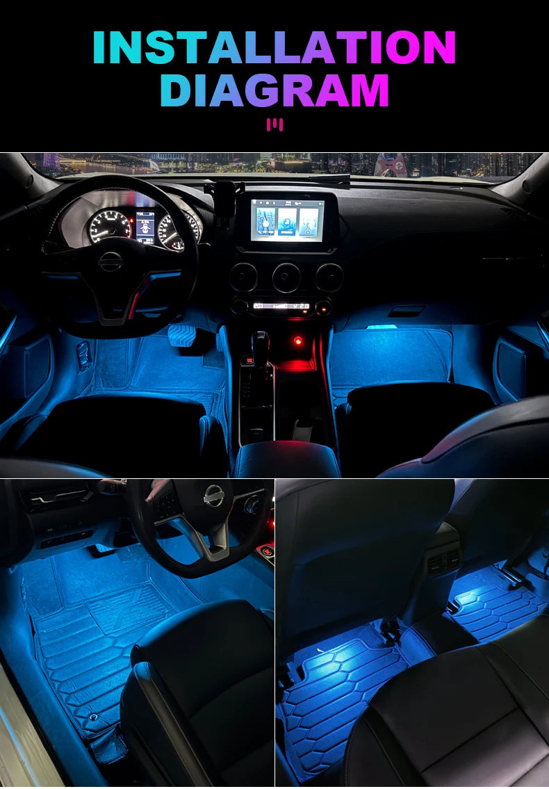 RGB LED Car Interior Ambient Light Strip – 16 Colors, Music Sync, IP65, 12V, USB/Cigarette