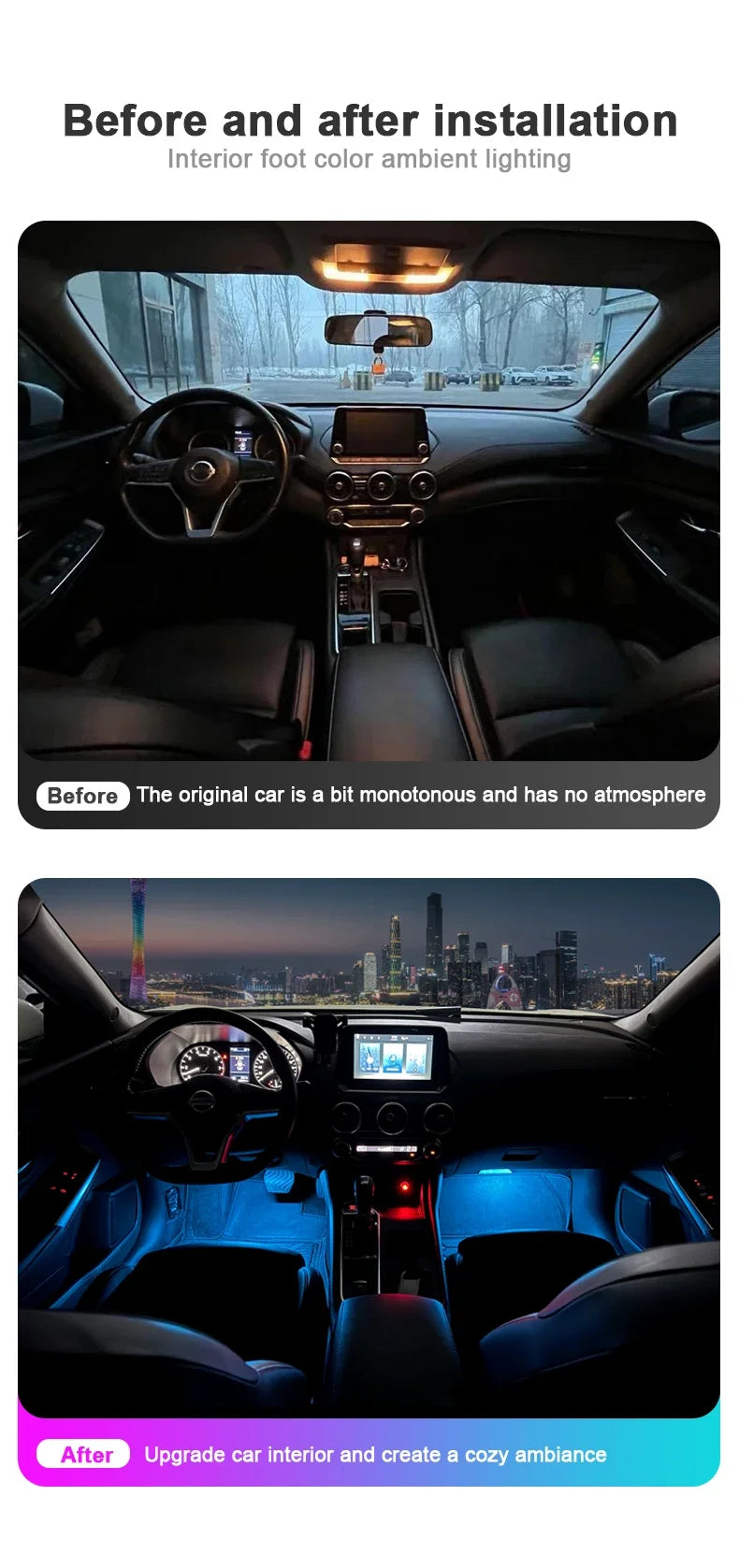 RGB LED Car Interior Ambient Light Strip – 16 Colors, Music Sync, IP65, 12V, USB/Cigarette