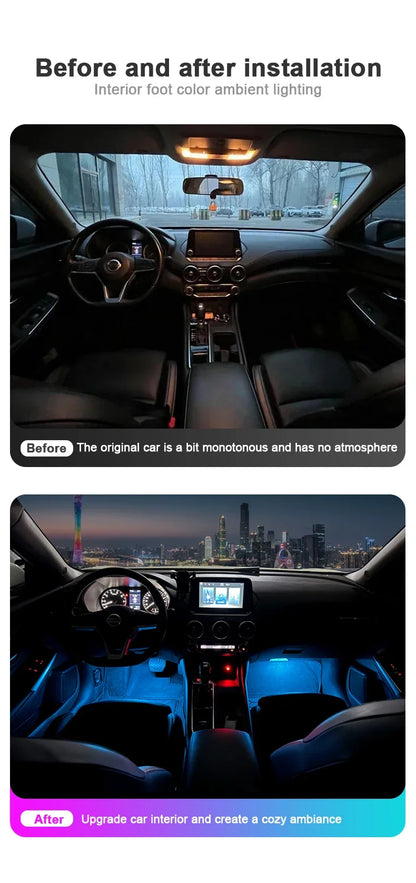 RGB LED Car Interior Ambient Light Strip – 16 Colors, Music Sync, IP65, 12V, USB/Cigarette