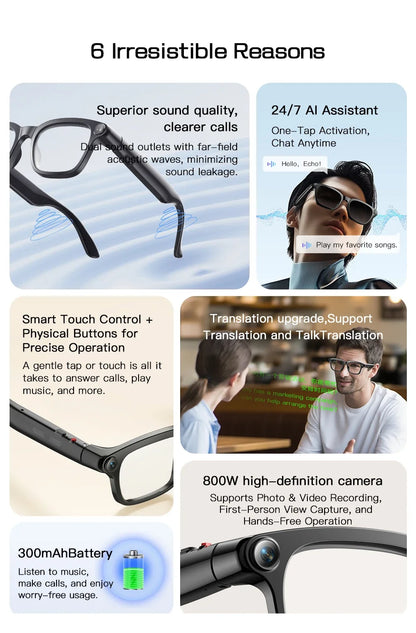 AI Smart Glasses M08 – HD Camera, Translation & Voice Assistant