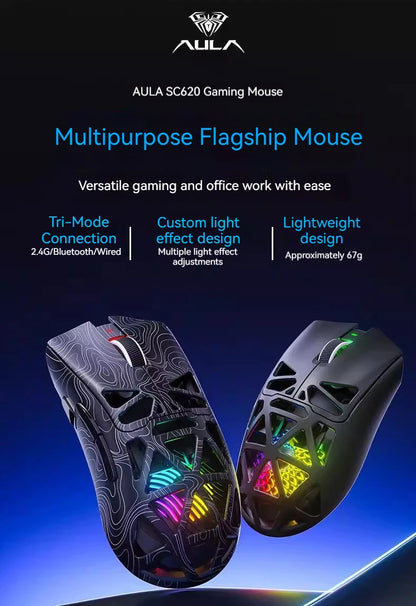 AULA SC620 Wireless Gaming Mouse – PAW3311, Tri-Mode, 12800 DPI, Hollow Design
