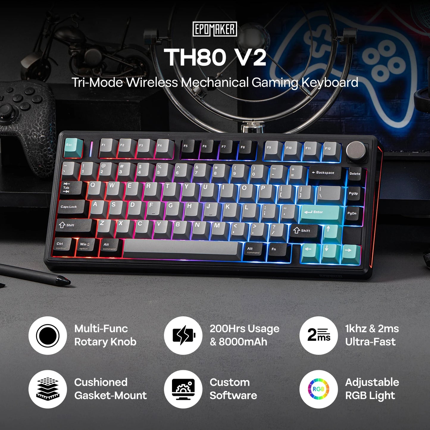 EPOMAKER TH80 V2 Mechanical Keyboard – 75%, Tri-Mode, 8000mAh, Gasket Mount, RGB