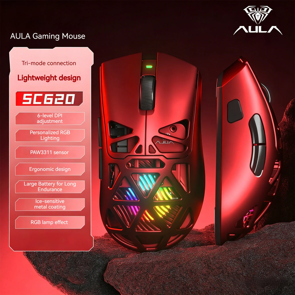 AULA SC620 Wireless Gaming Mouse – PAW3311, Tri-Mode, 12800 DPI, Hollow Design