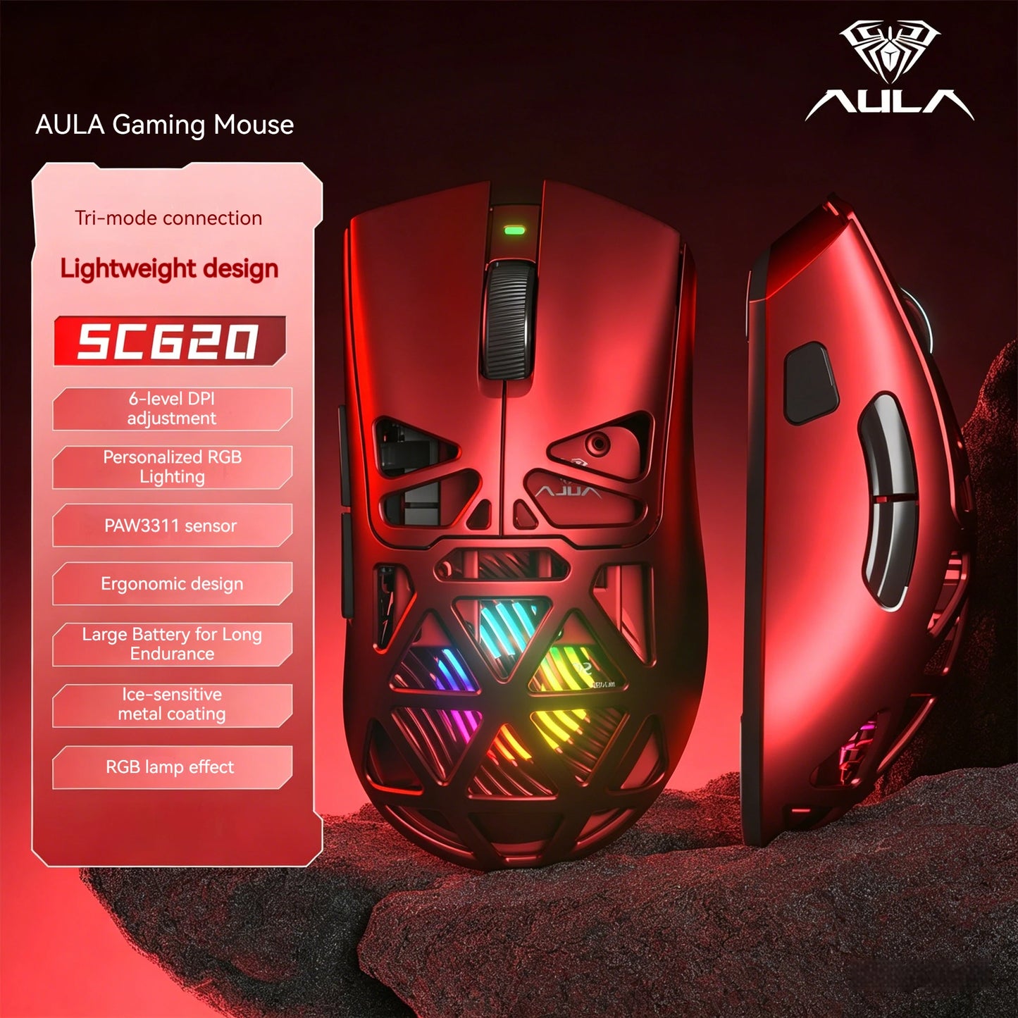 AULA SC620 Wireless Gaming Mouse – PAW3311, Tri-Mode, 12800 DPI, Hollow Design