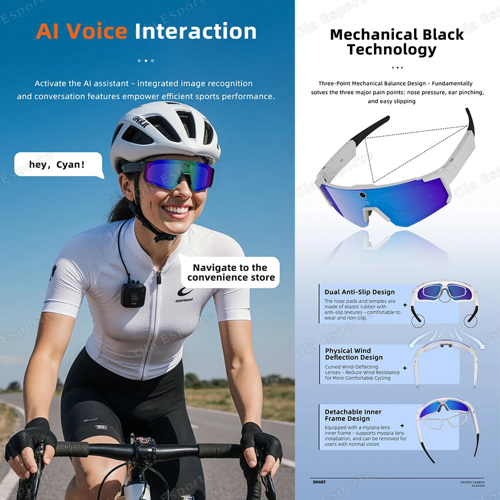 Ola Esporte AI Smart Cycling Glasses – 1080P Camera, UV400, Bluetooth 5.3 & AI Translation