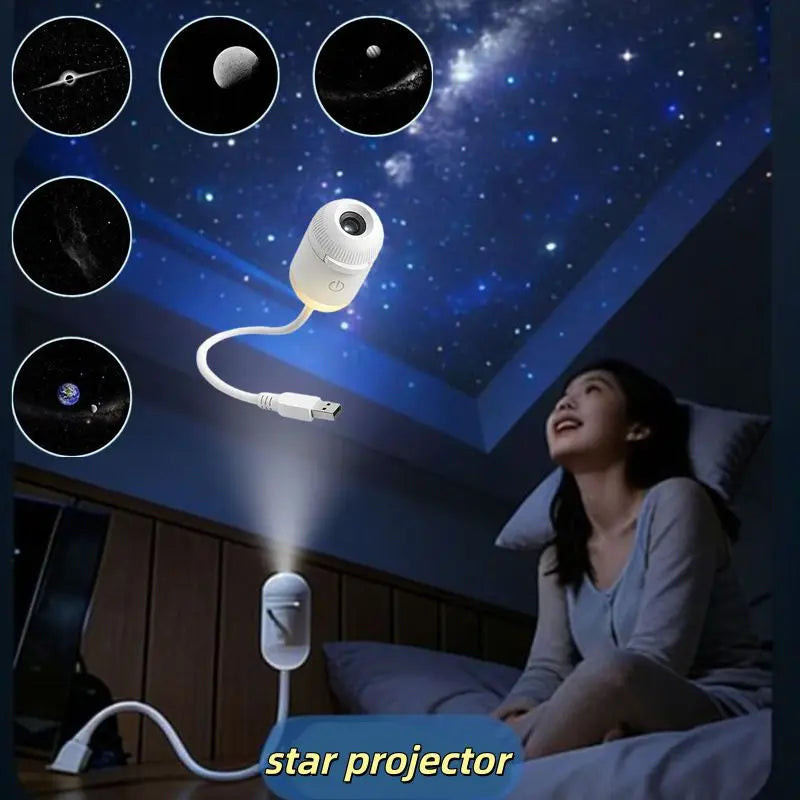 2-in-1 Mini Galaxy Star Projector – 360° Rotating, Sliding Films, Starry Sky Night Light