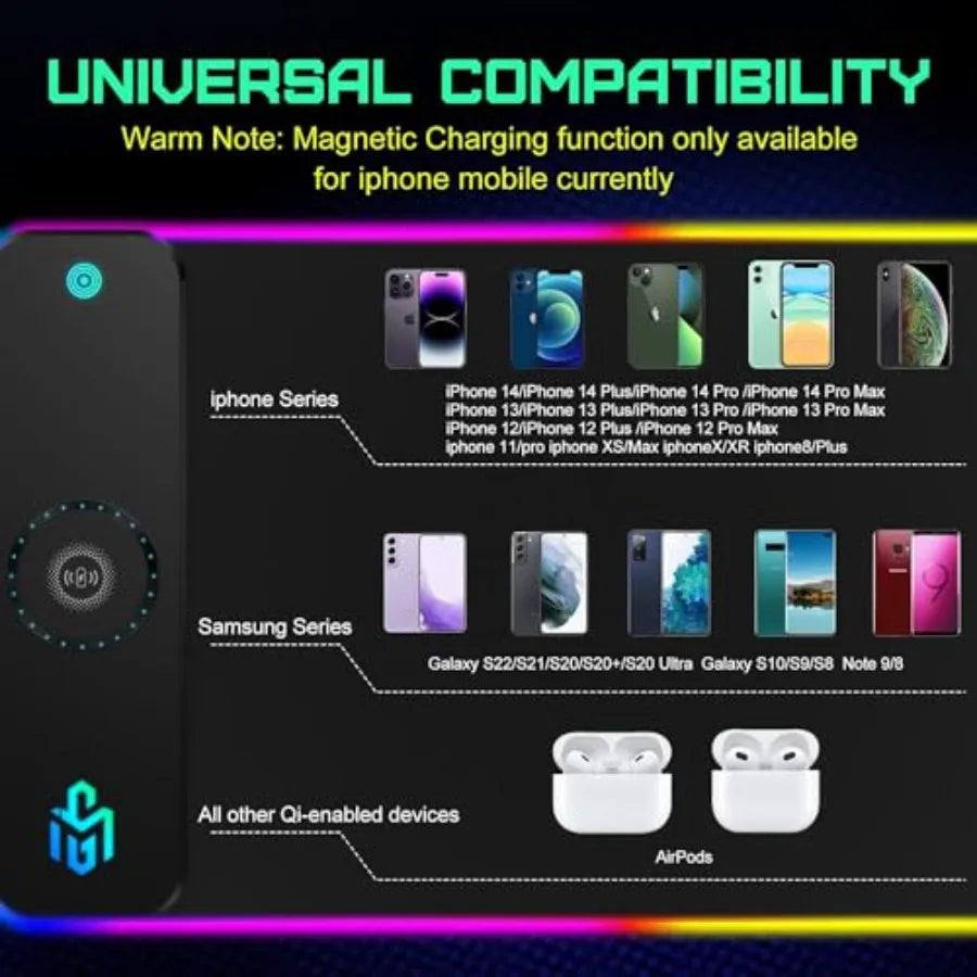 RGB Gaming Mouse Pad – 15W Wireless Charging, 800×300mm, 10 LED Modes, Non-Slip