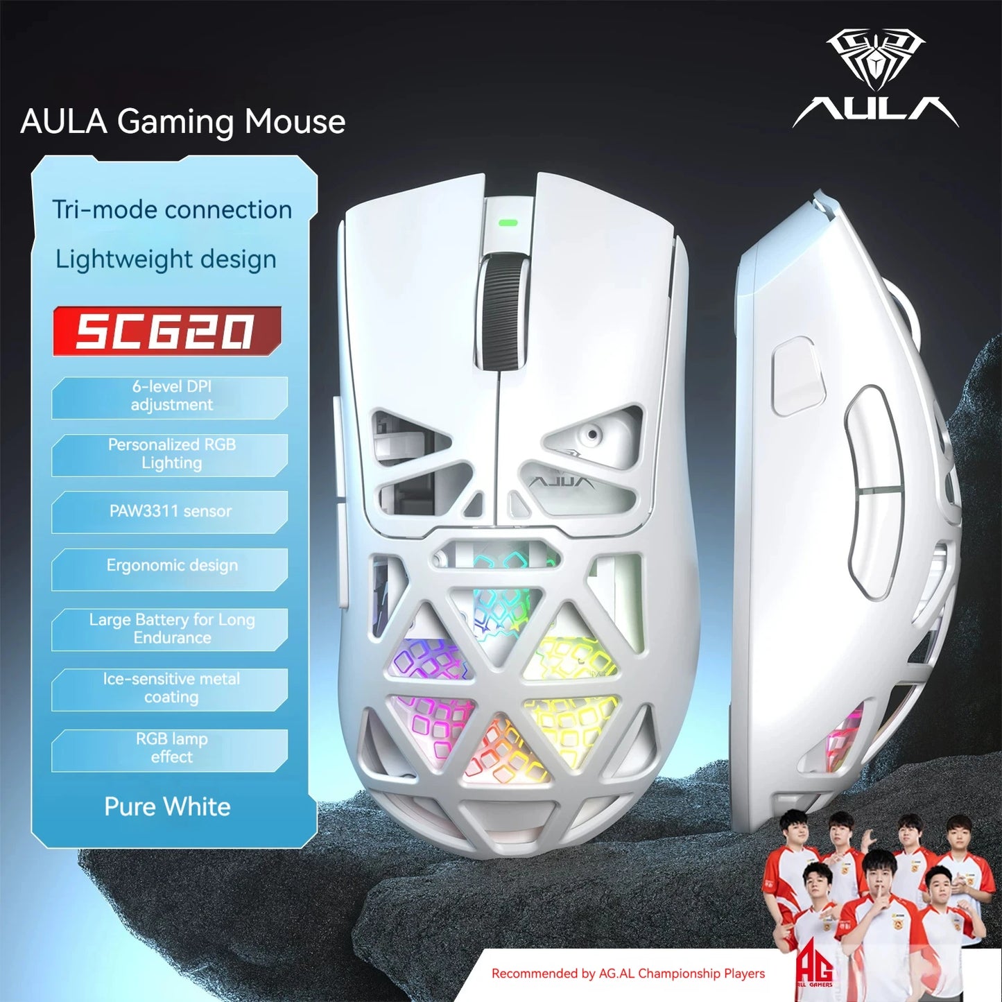AULA SC620 Wireless Gaming Mouse – PAW3311, Tri-Mode, 12800 DPI, Hollow Design