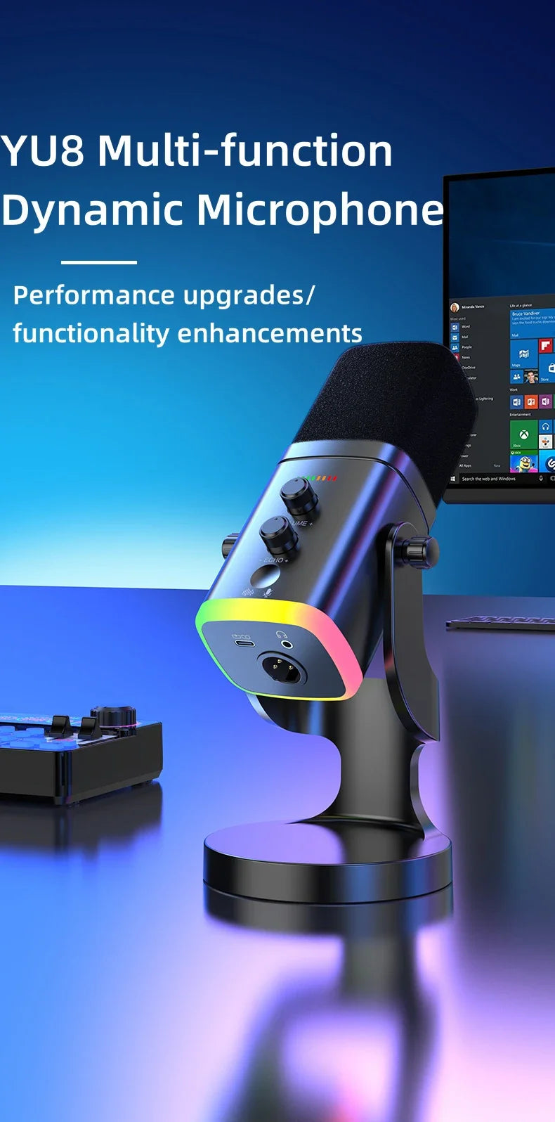 RGB Gaming Microphone – USB-C & XLR, Noise Cancellation, Reverb, 3.5mm Monitor