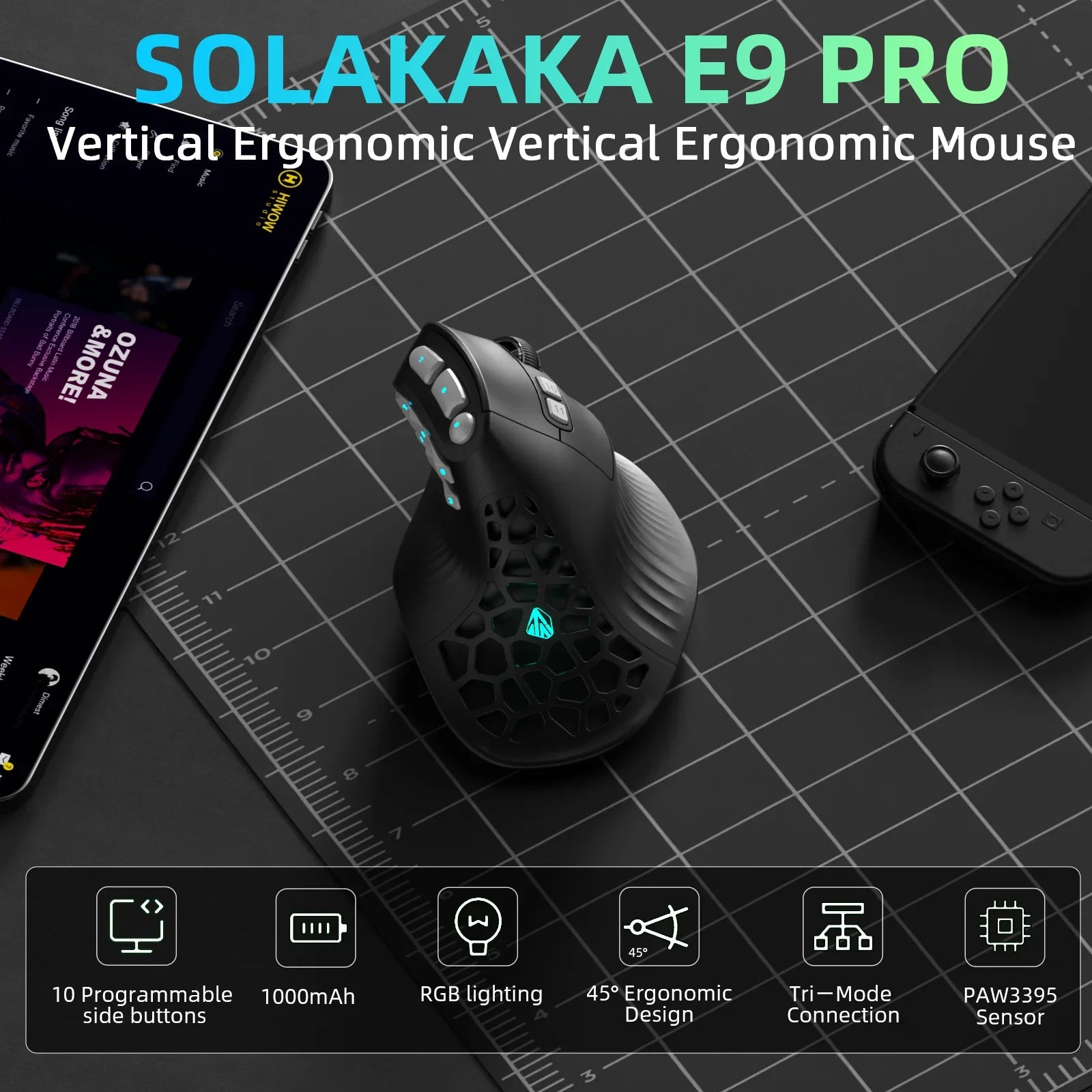 SOLAKAKA E9 Pro MMO Vertical Gaming Mouse – PAW3395, 15 Buttons, 36000 DPI, Tri-Mode Secondary image