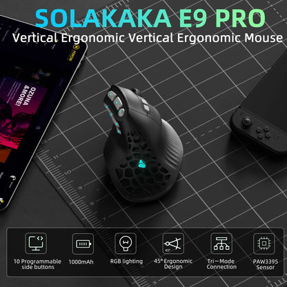 SOLAKAKA E9 Pro MMO Vertical Gaming Mouse – PAW3395, 15 Buttons, 36000 DPI, Tri-Mode
