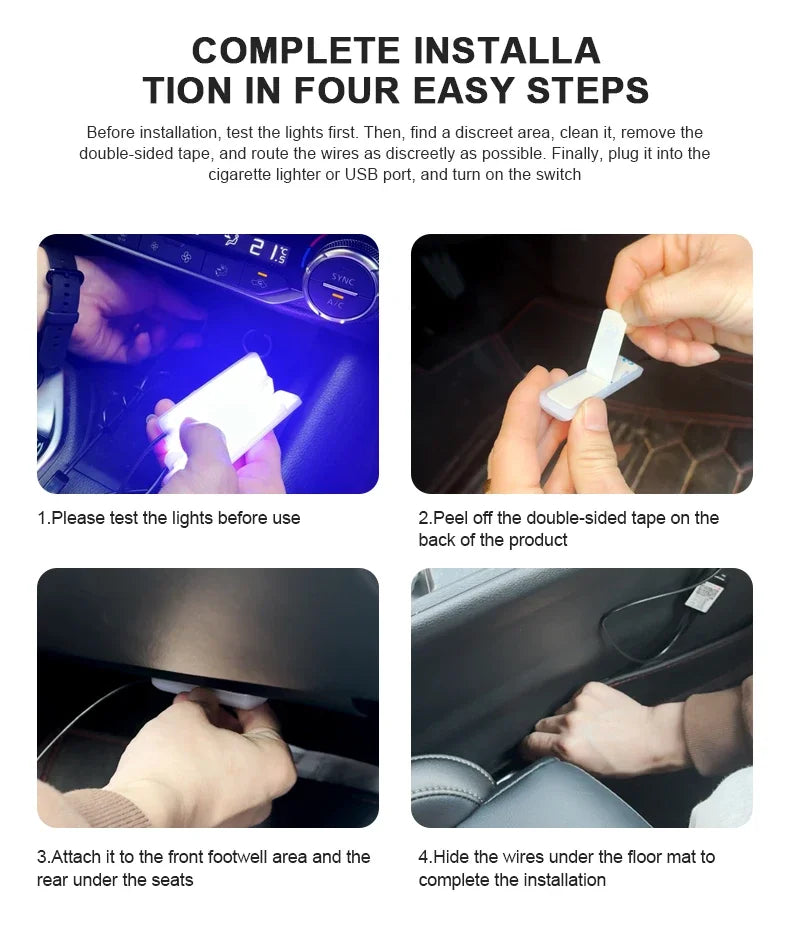 RGB LED Car Interior Ambient Light Strip – 16 Colors, Music Sync, IP65, 12V, USB/Cigarette