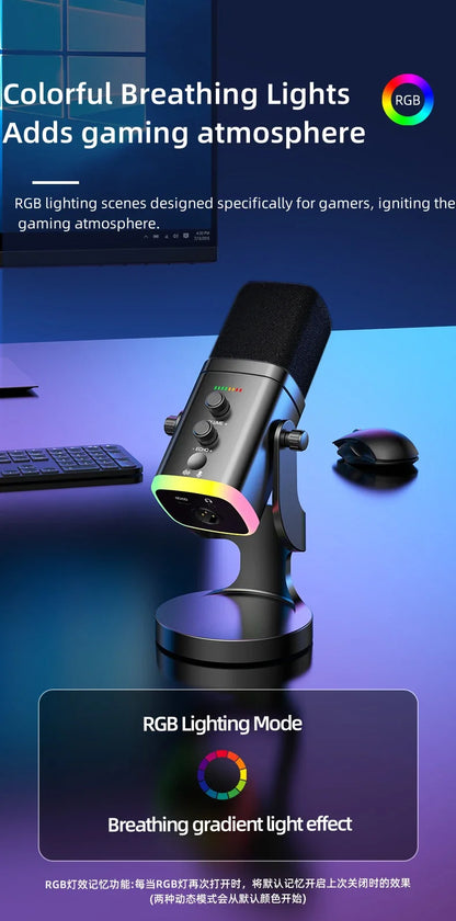RGB Gaming Microphone – USB-C & XLR, Noise Cancellation, Reverb, 3.5mm Monitor