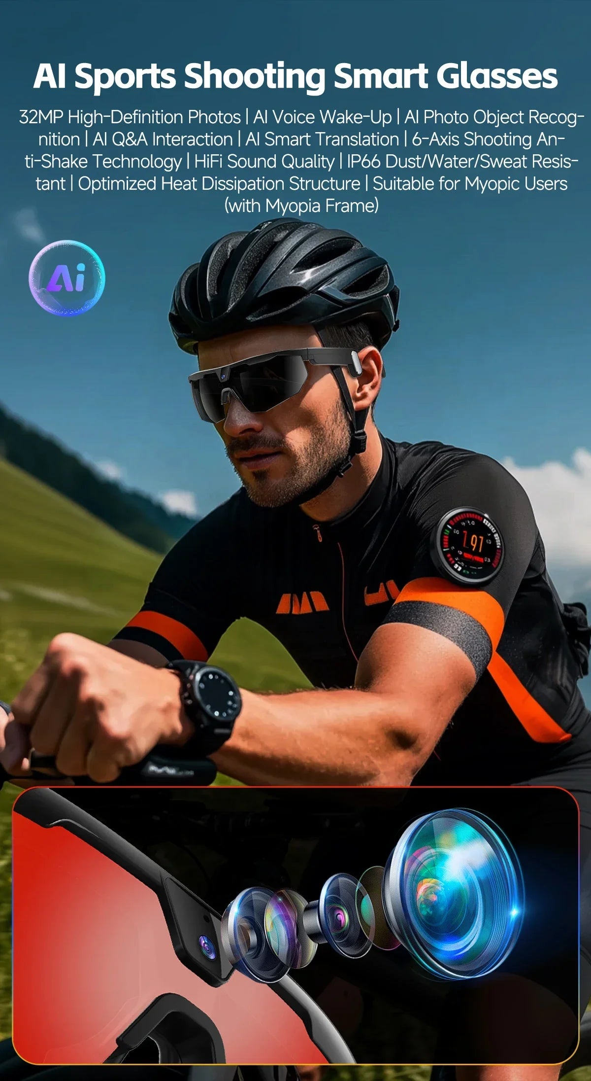 yaocx W640 AI Smart Sports Glasses – 32MP Camera, IP66, Bluetooth 5.3 & Real-Time Translation