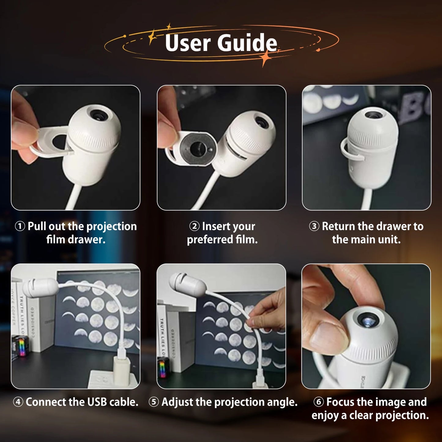 2-in-1 USB Mini Galaxy Star Projector – Night Light, Up to 24 Films, Flexible Gooseneck