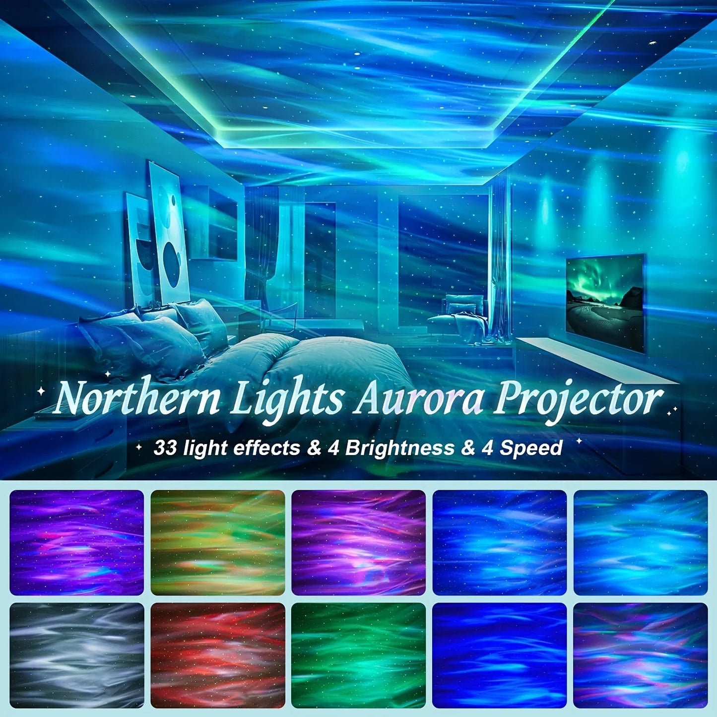 LED Water Ripple & Aurora Projector – 14 Effects, RGB, Remote Control, USB, 7 Colors