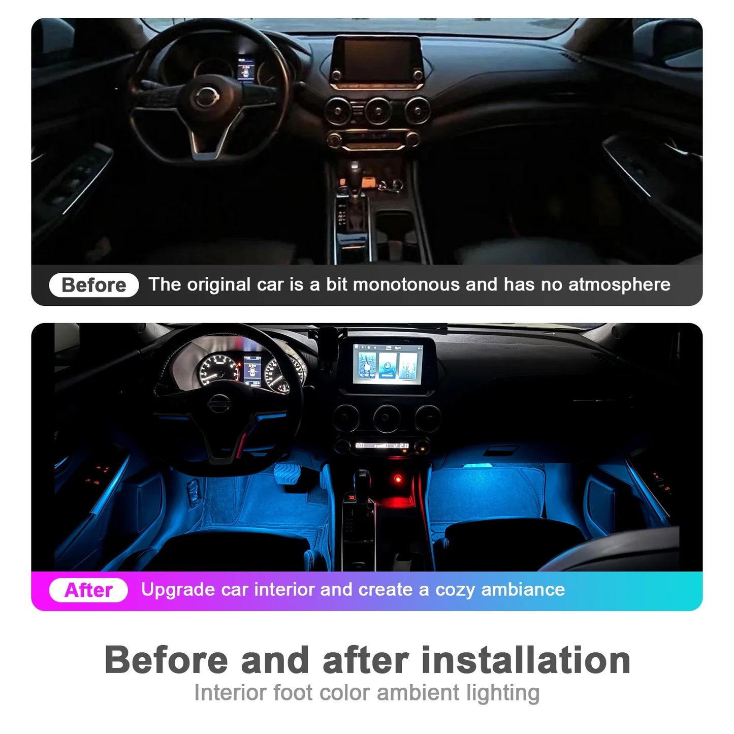 RGB LED Car Interior Ambient Light Strip – 16 Colors, Music Sync, IP65, 12V, USB/Cigarette