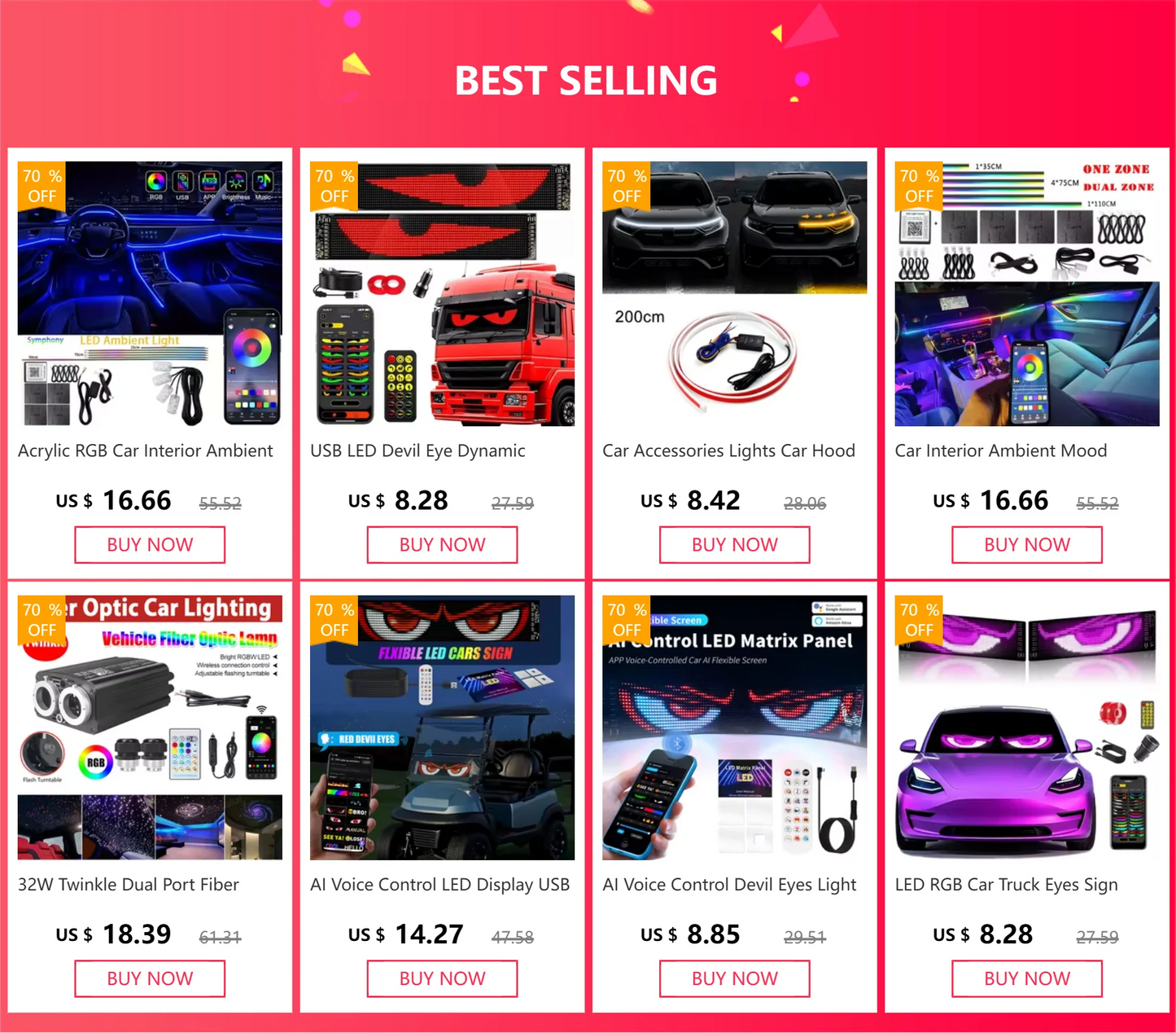 RGB LED Car Interior Ambient Light Strip – 16 Colors, Music Sync, IP65, 12V, USB/Cigarette