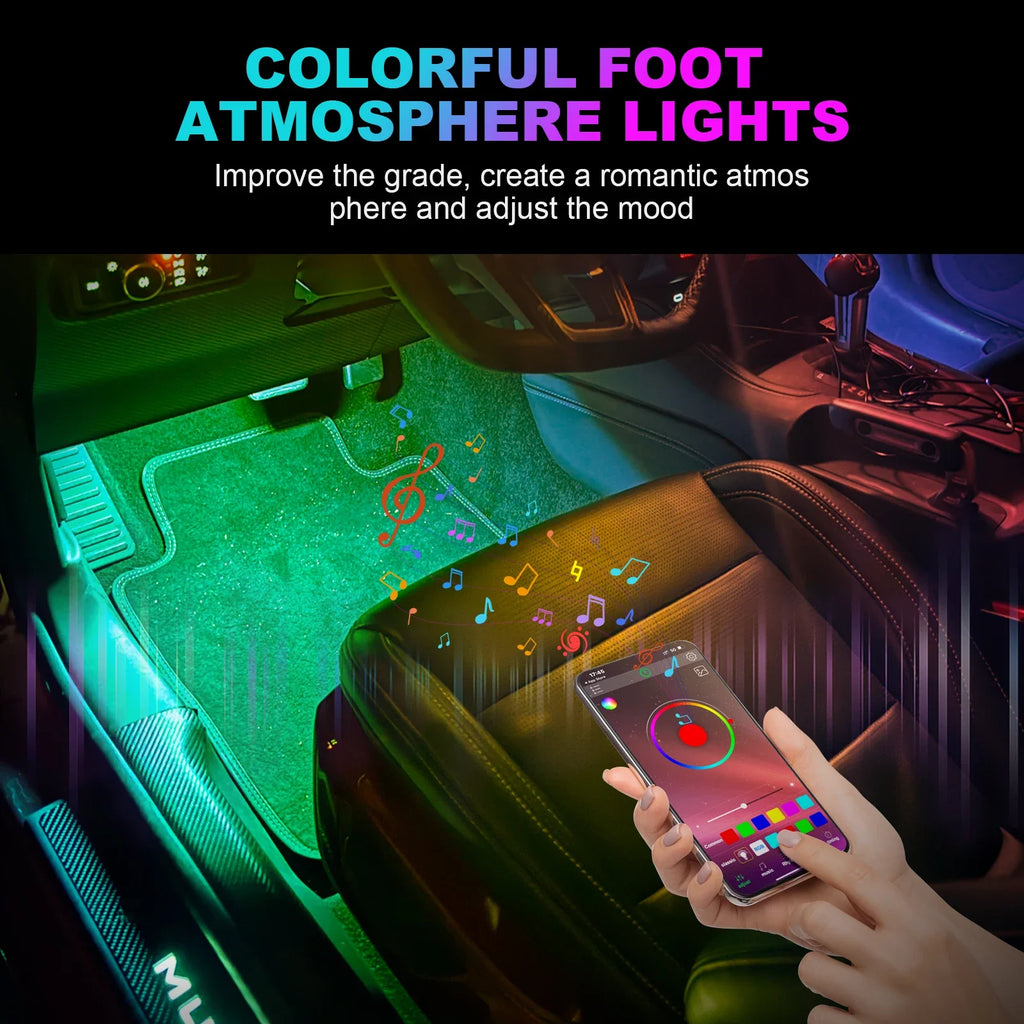 RGB LED Car Interior Ambient Light Strip – 16 Colors, Music Sync, IP65, 12V, USB/Cigarette