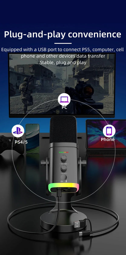 RGB Gaming Microphone – USB-C & XLR, Noise Cancellation, Reverb, 3.5mm Monitor