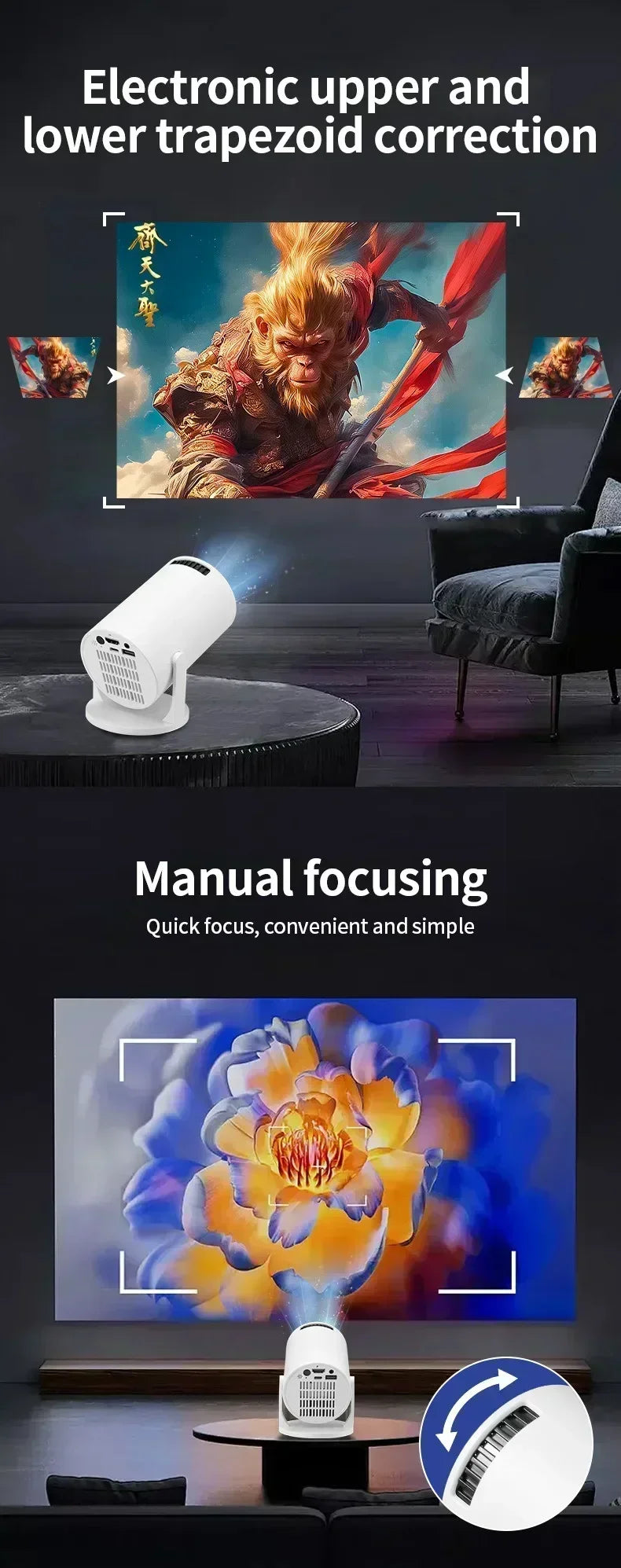 BKHK HY300 Mini Portable Projector – 1080P, 8000LM, 150”, Android, WiFi, Bluetooth