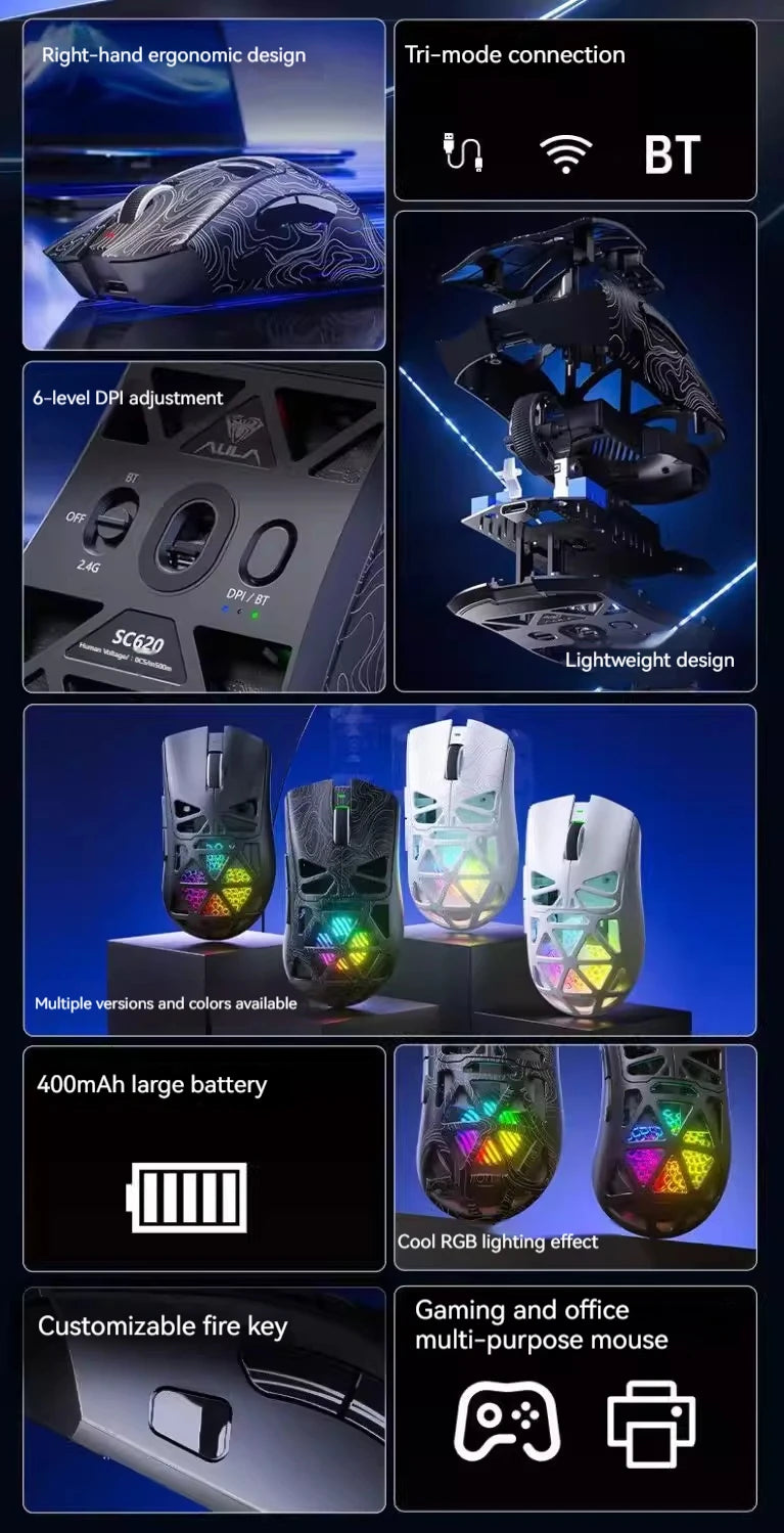AULA SC620 Wireless Gaming Mouse – PAW3311, Tri-Mode, 12800 DPI, Hollow Design