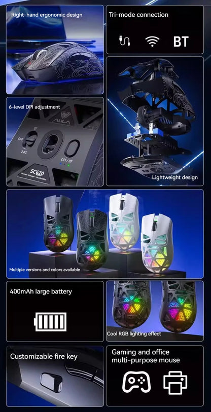 AULA SC620 Wireless Gaming Mouse – PAW3311, Tri-Mode, 12800 DPI, Hollow Design