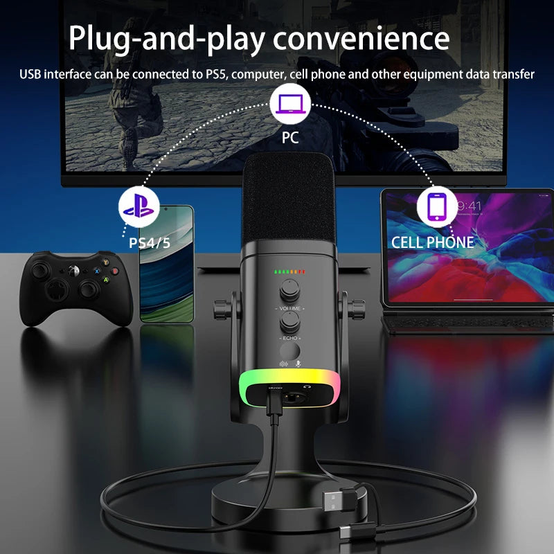 RGB Gaming Microphone – USB-C & XLR, Noise Cancellation, Reverb, 3.5mm Monitor