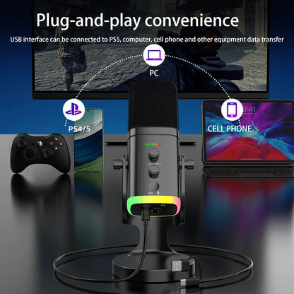 RGB Gaming Microphone – USB-C & XLR, Noise Cancellation, Reverb, 3.5mm Monitor