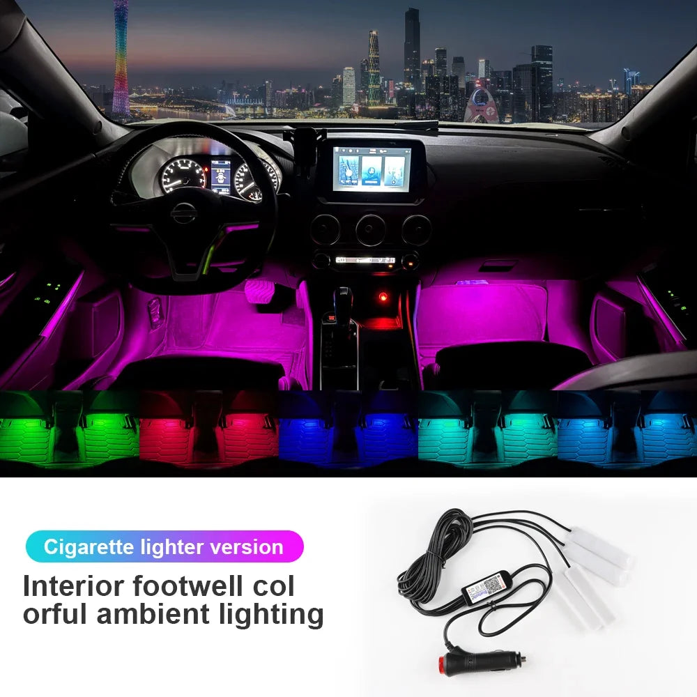 RGB LED Car Interior Ambient Light Strip – 16 Colors, Music Sync, IP65, 12V, USB/Cigarette