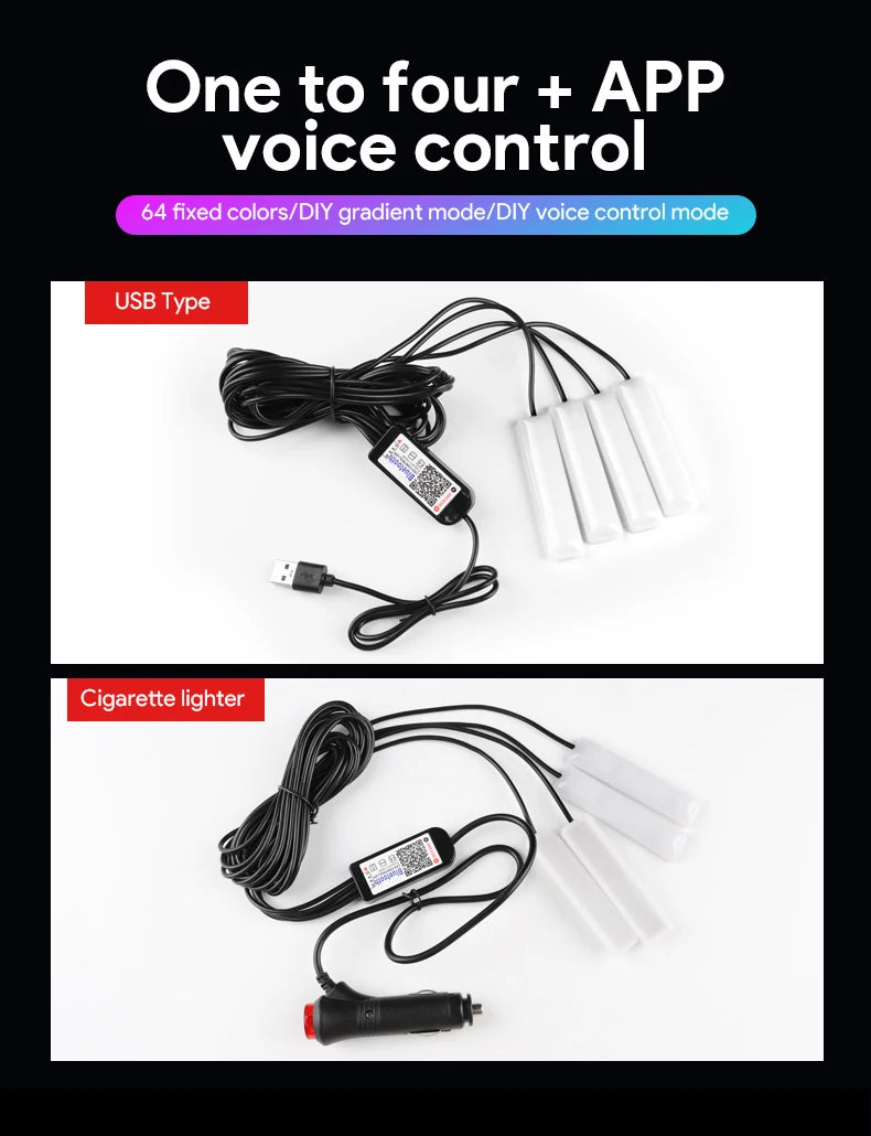 RGB LED Car Interior Ambient Light Strip – 16 Colors, Music Sync, IP65, 12V, USB/Cigarette