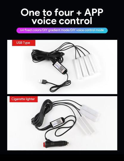 RGB LED Car Interior Ambient Light Strip – 16 Colors, Music Sync, IP65, 12V, USB/Cigarette