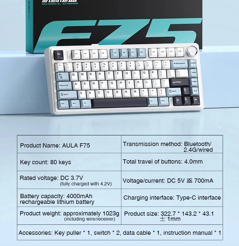 AULA F75 Mechanical Gaming Keyboard – 75%, Triple Mode, RGB, Hot-Swap, Gasket Mount