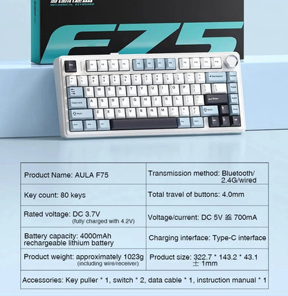 AULA F75 Mechanical Gaming Keyboard – 75%, Triple Mode, RGB, Hot-Swap, Gasket Mount
