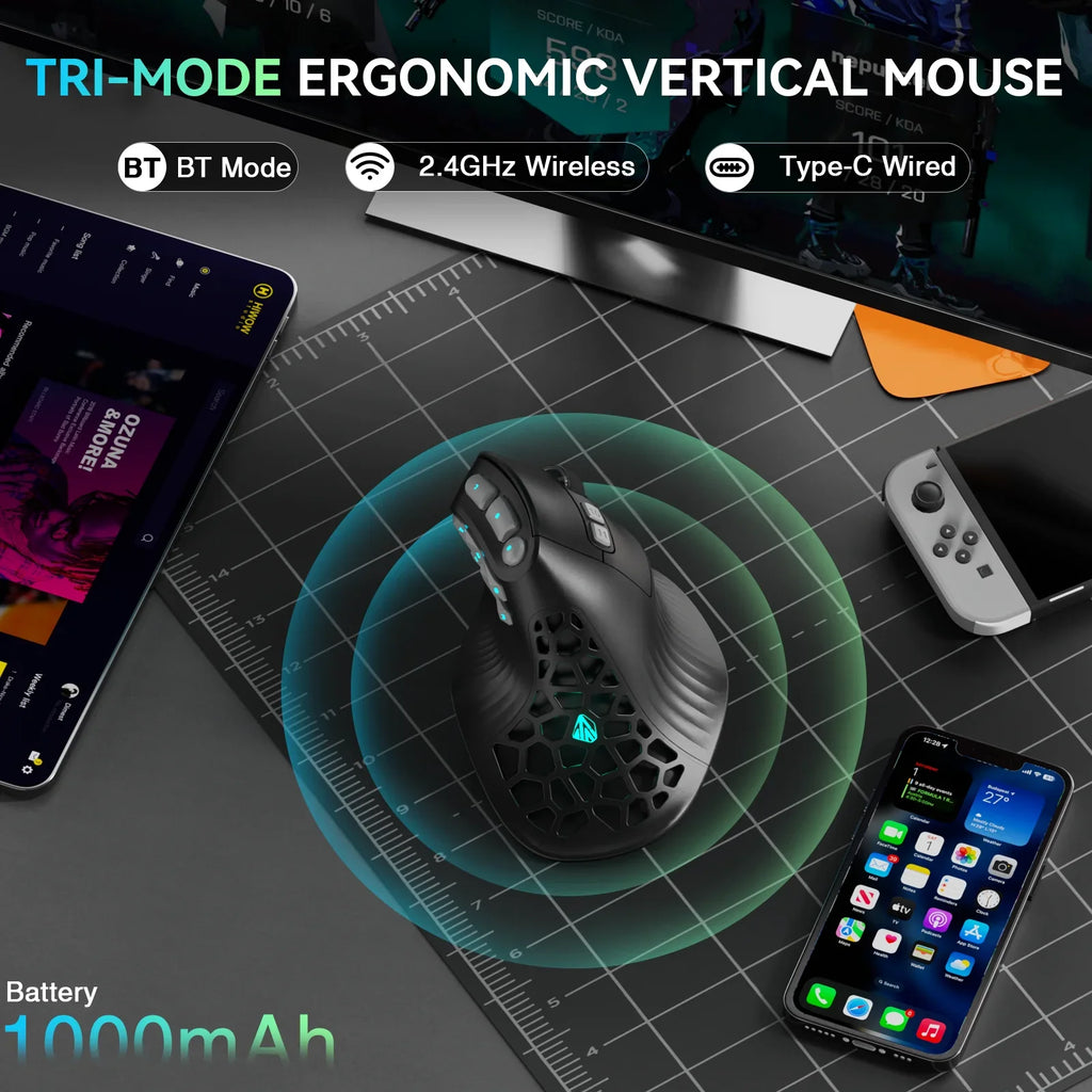SOLAKAKA E9 Pro MMO Vertical Gaming Mouse – PAW3395, 15 Buttons, 36000 DPI, Tri-Mode