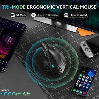 SOLAKAKA E9 Pro MMO Vertical Gaming Mouse – PAW3395, 15 Buttons, 36000 DPI, Tri-Mode