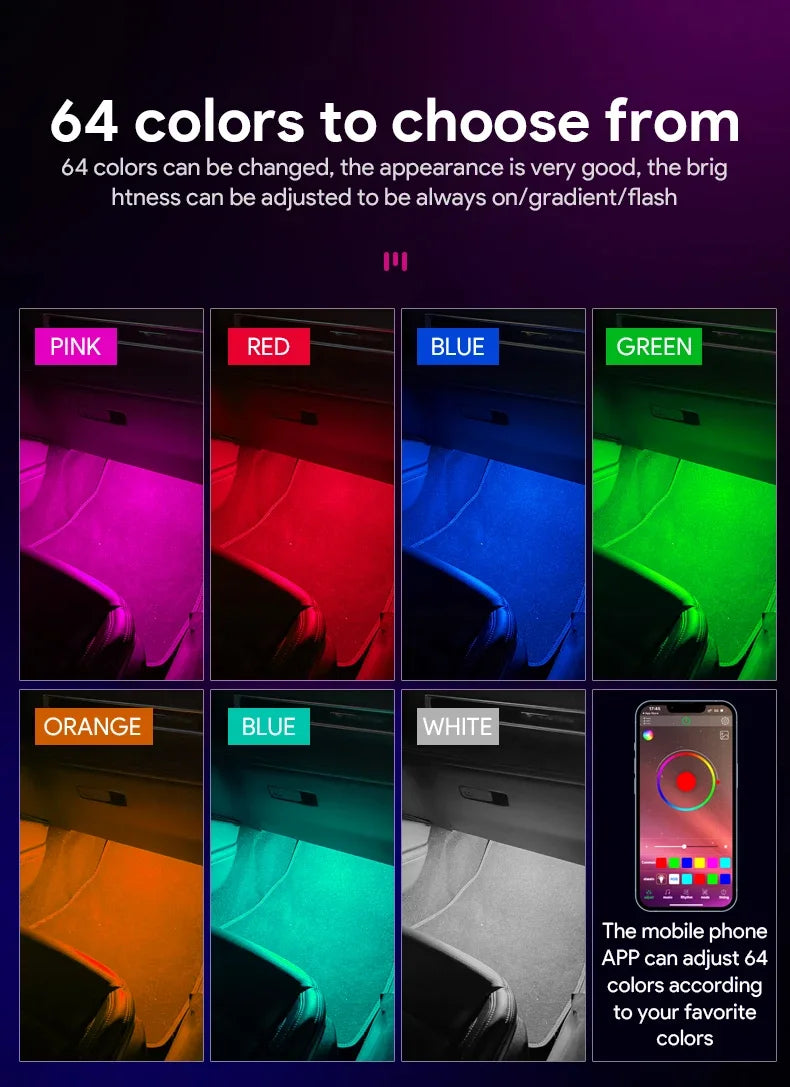 RGB LED Car Interior Ambient Light Strip – 16 Colors, Music Sync, IP65, 12V, USB/Cigarette