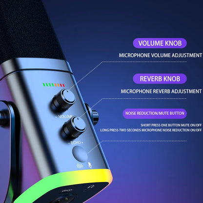 RGB Gaming Microphone – USB-C & XLR, Noise Cancellation, Reverb, 3.5mm Monitor