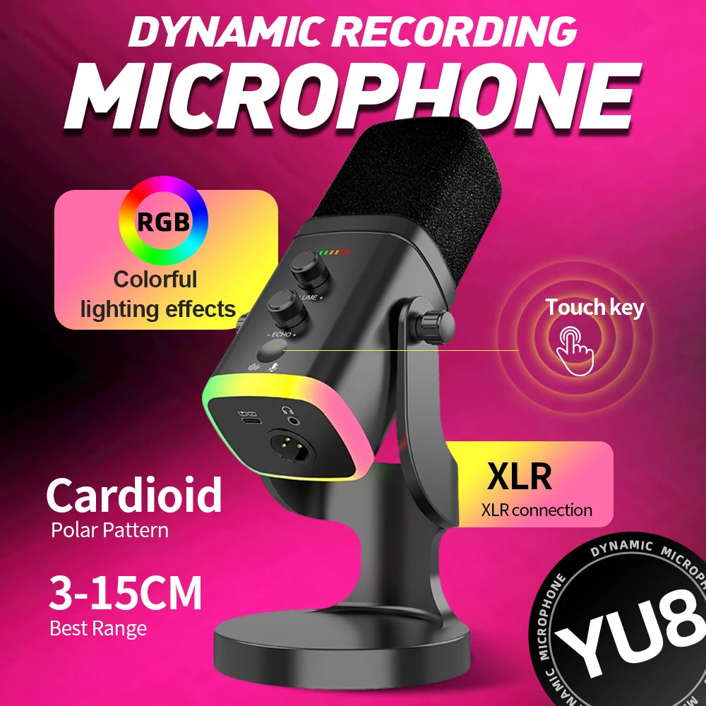 RGB Gaming Microphone – USB-C & XLR, Noise Cancellation, Reverb, 3.5mm Monitor
